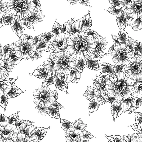 Patrón Flores Estilo Vintage Sin Costuras Elementos Florales Blanco Negro — Archivo Imágenes Vectoriales