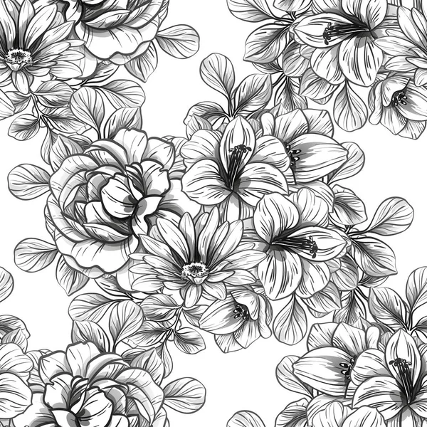 Naadloze Vintage Stijl Bloemenpatroon Floral Elementen Zwart Wit — Stockvector