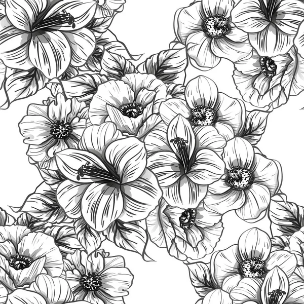 Patrón Flores Estilo Vintage Sin Costuras Elementos Florales Blanco Negro — Vector de stock