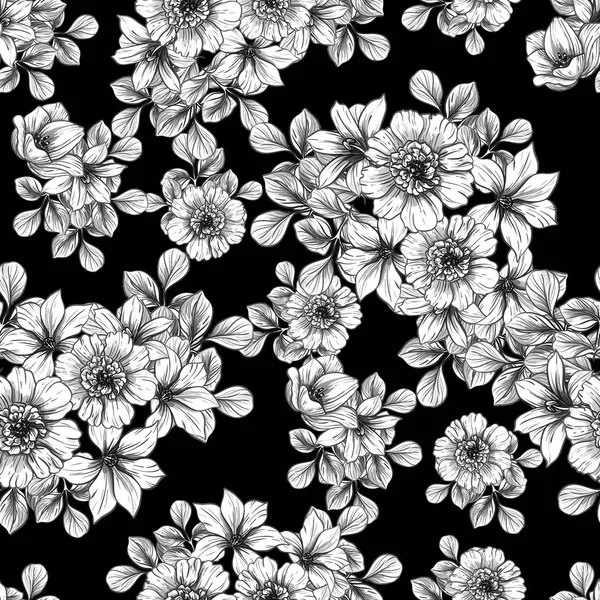 Modèle Fleur Style Vintage Sans Couture Eléments Floraux Noir Blanc — Image vectorielle