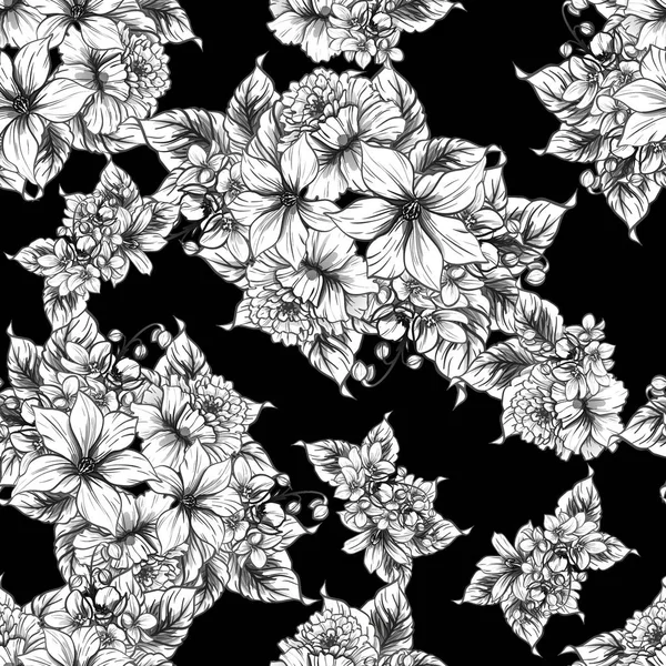 Seamless Vintage Style Flower Pattern Floral Elements Black White — Stock Vector