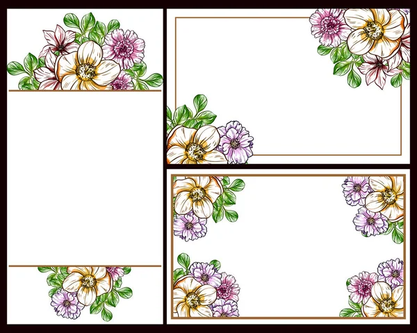 Conjunto Tarjetas Boda Flores Estilo Vintage Elementos Marcos Florales — Vector de stock