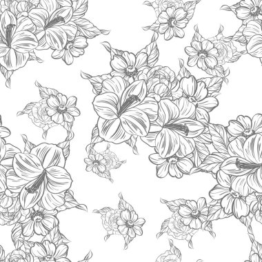 Sorunsuz vintage tarzı çiçek deseni. Siyah ve beyaz çiçek öğeleri.
