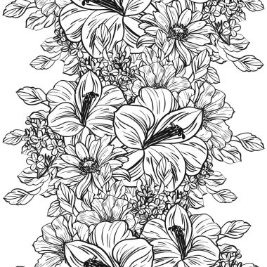 Sorunsuz vintage tarzı çiçek deseni. Siyah ve beyaz çiçek öğeleri.