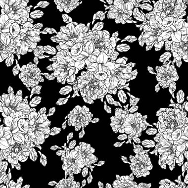 Sorunsuz vintage tarzı çiçek deseni. Siyah ve beyaz çiçek öğeleri.