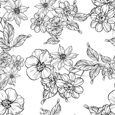 Sorunsuz vintage tarzı çiçek deseni. Siyah ve beyaz çiçek öğeleri.