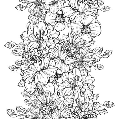 Sorunsuz vintage tarzı çiçek deseni. Siyah ve beyaz çiçek öğeleri.