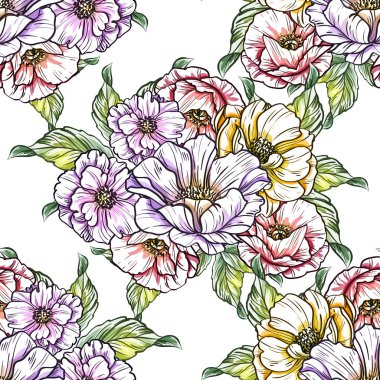 Sorunsuz vintage tarzı çiçek deseni. Renkli çiçek öğeleri