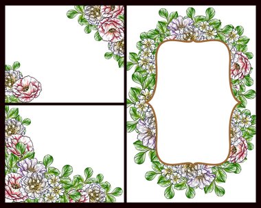 Klasik çiçek düğün kartları seti. Çiçek elementleri ve çerçeveleri.