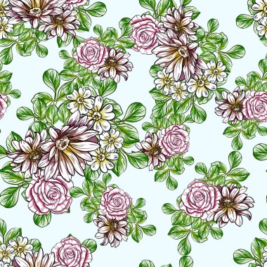 Sorunsuz vintage tarzı çiçek deseni. Renkli çiçek öğeleri