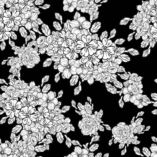 Padrão Flor Estilo Vintage Sem Costura Elementos Florais Preto Branco — Vetor de Stock