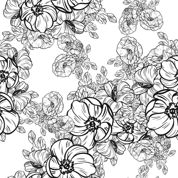 Patrón Flores Estilo Vintage Sin Costuras Elementos Florales Blanco Negro — Vector de stock