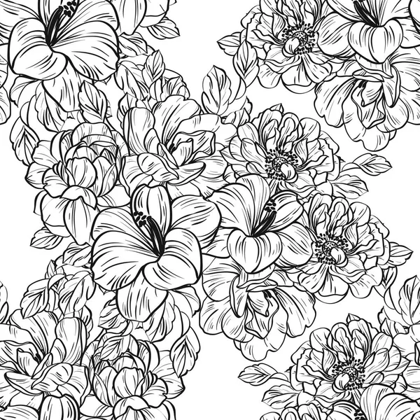 Seamless Vintage Style Flower Pattern Floral Elements Black White — Stock Vector