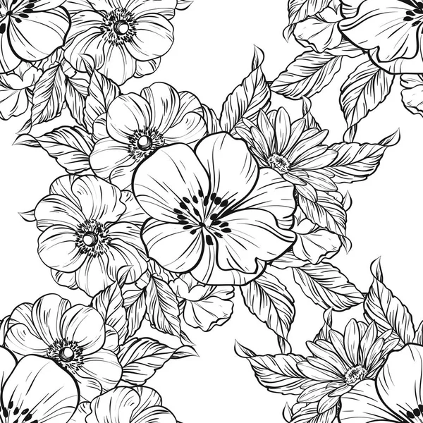 Patrón Flores Estilo Vintage Sin Costuras Elementos Florales Blanco Negro — Vector de stock