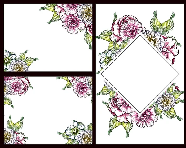 Conjunto Tarjetas Boda Flores Estilo Vintage Elementos Marcos Florales — Vector de stock