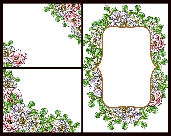 Conjunto Tarjetas Boda Flores Estilo Vintage Elementos Marcos Florales — Vector de stock