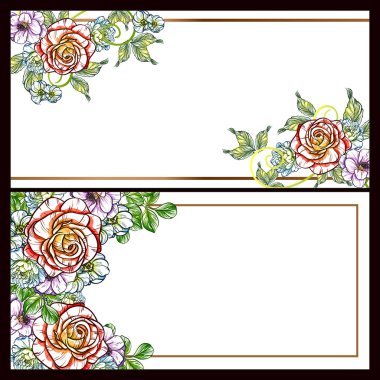 Klasik çiçek düğün kartları seti. Çiçek elementleri ve çerçeveleri.