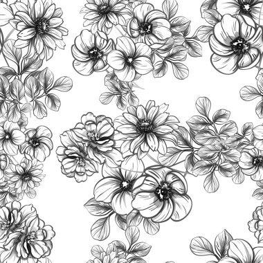 Sorunsuz vintage tarzı çiçek deseni. Siyah ve beyaz çiçek öğeleri.