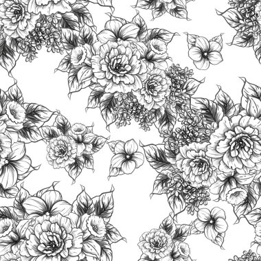 Sorunsuz vintage tarzı çiçek deseni. Siyah ve beyaz çiçek öğeleri.