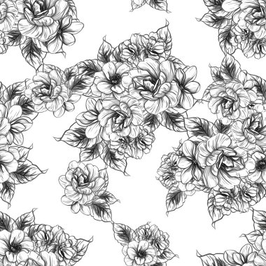 Sorunsuz vintage tarzı çiçek deseni. Siyah ve beyaz çiçek öğeleri.