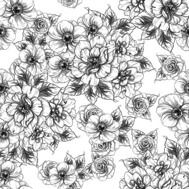Sorunsuz vintage tarzı çiçek deseni. Siyah ve beyaz çiçek öğeleri.