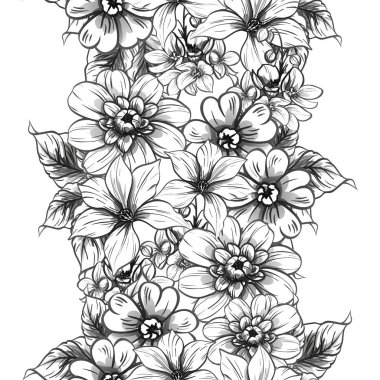 Sorunsuz vintage tarzı çiçek deseni. Siyah ve beyaz çiçek öğeleri.