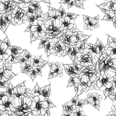 Sorunsuz vintage tarzı çiçek deseni. Siyah ve beyaz çiçek öğeleri.