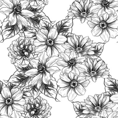 Sorunsuz vintage tarzı çiçek deseni. Siyah ve beyaz çiçek öğeleri.