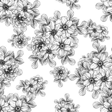 Sorunsuz vintage tarzı çiçek deseni. Siyah ve beyaz çiçek öğeleri.