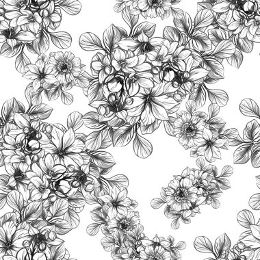 Sorunsuz vintage tarzı çiçek deseni. Siyah ve beyaz çiçek öğeleri.
