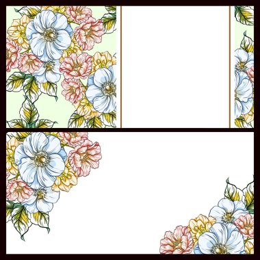 Klasik çiçek düğün kartları seti. Çiçek elementleri ve çerçeveleri.