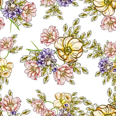 Sorunsuz vintage tarzı çiçek deseni. Renkli çiçek öğeleri