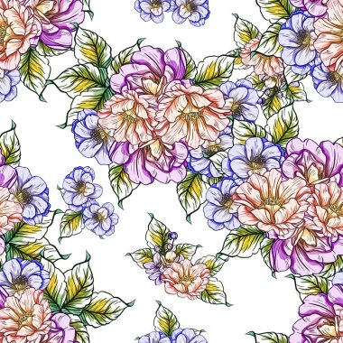 Sorunsuz vintage tarzı çiçek deseni. Renkli çiçek öğeleri