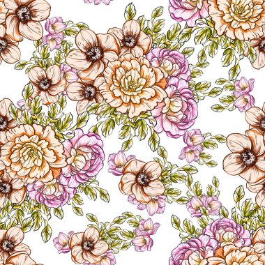 Sorunsuz vintage tarzı çiçek deseni. Renkli çiçek öğeleri