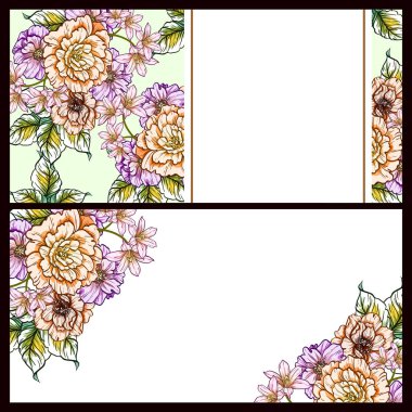 Klasik çiçek düğün kartları seti. Çiçek elementleri ve çerçeveleri.