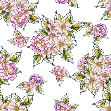 Sorunsuz vintage tarzı çiçek deseni. Renkli çiçek öğeleri