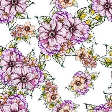 Sorunsuz vintage tarzı çiçek deseni. Renkli çiçek öğeleri