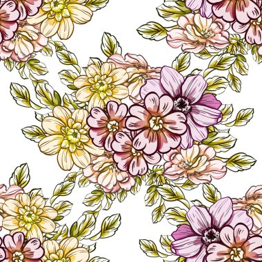 Sorunsuz vintage tarzı çiçek deseni. Renkli çiçek öğeleri