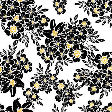 Sorunsuz vintage tarzı çiçek deseni. Siyah ve beyaz çiçek öğeleri.