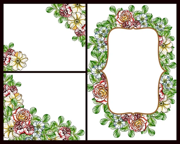 Conjunto Tarjetas Boda Flores Estilo Vintage Elementos Marcos Florales — Vector de stock