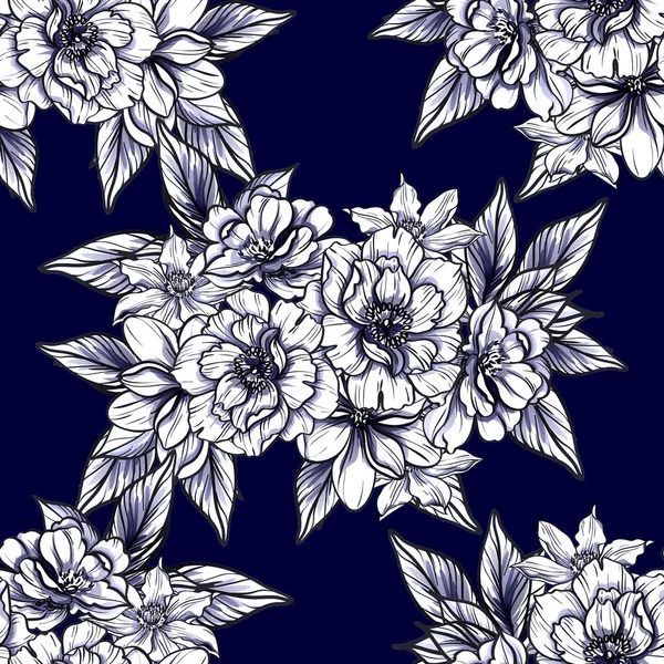 Modèle Fleur Monochrome Sans Couture Style Vintage Éléments Floraux — Image vectorielle