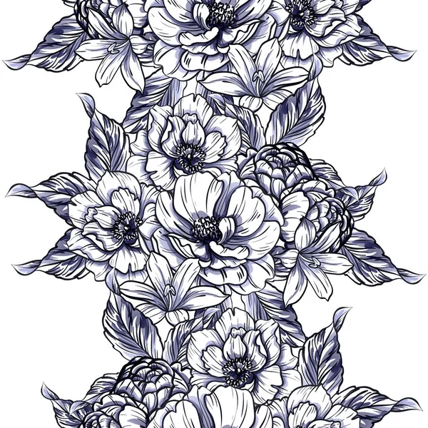 Estilo Vintage Inconsútil Patrón Flores Color Monocromo Elementos Florales — Vector de stock