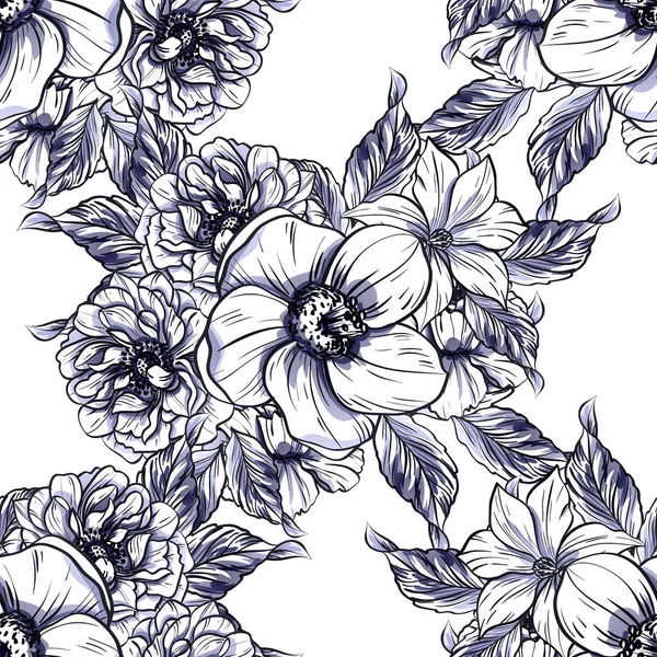 Modèle Fleur Monochrome Sans Couture Style Vintage Éléments Floraux — Image vectorielle