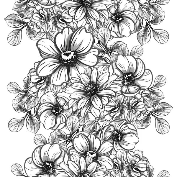 Seamless Vintage Style Flower Pattern Floral Elements Black White — Stock Vector