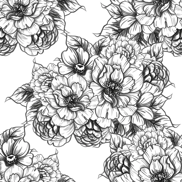 Patrón Flores Estilo Vintage Sin Costuras Elementos Florales Blanco Negro — Vector de stock