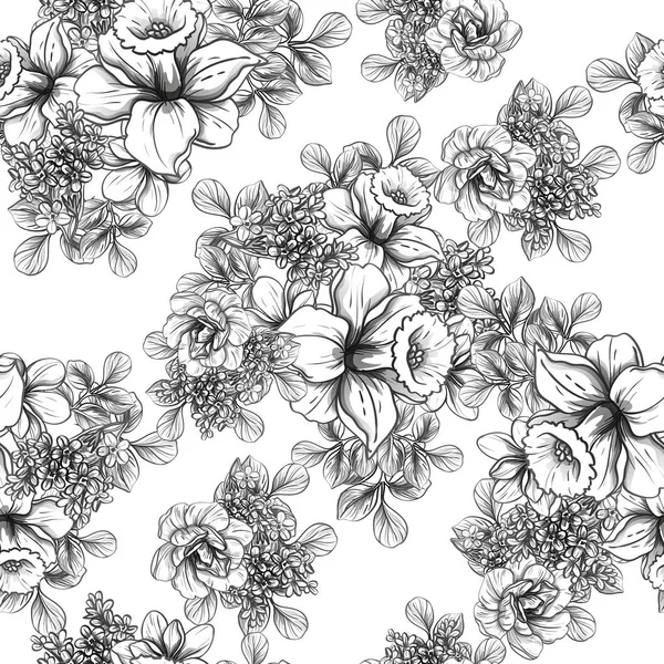 Seamless Vintage Style Flower Pattern Floral Elements Black White — Stock Vector