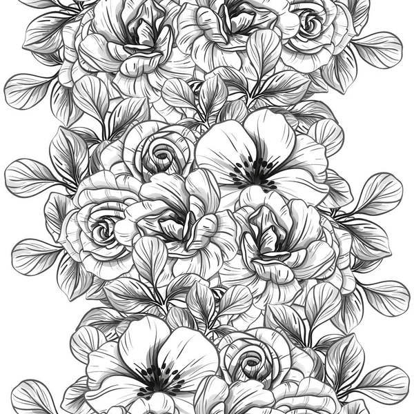 Modèle Fleur Style Vintage Sans Couture Eléments Floraux Noir Blanc — Image vectorielle