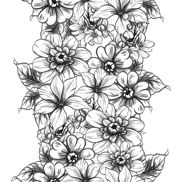 Sorunsuz vintage tarzı çiçek deseni. Siyah ve beyaz çiçek öğeleri.