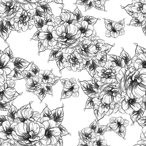 Sorunsuz vintage tarzı çiçek deseni. Siyah ve beyaz çiçek öğeleri.
