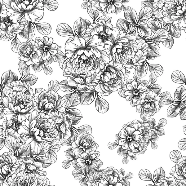 Naadloze Vintage Stijl Bloemenpatroon Floral Elementen Zwart Wit — Stockvector